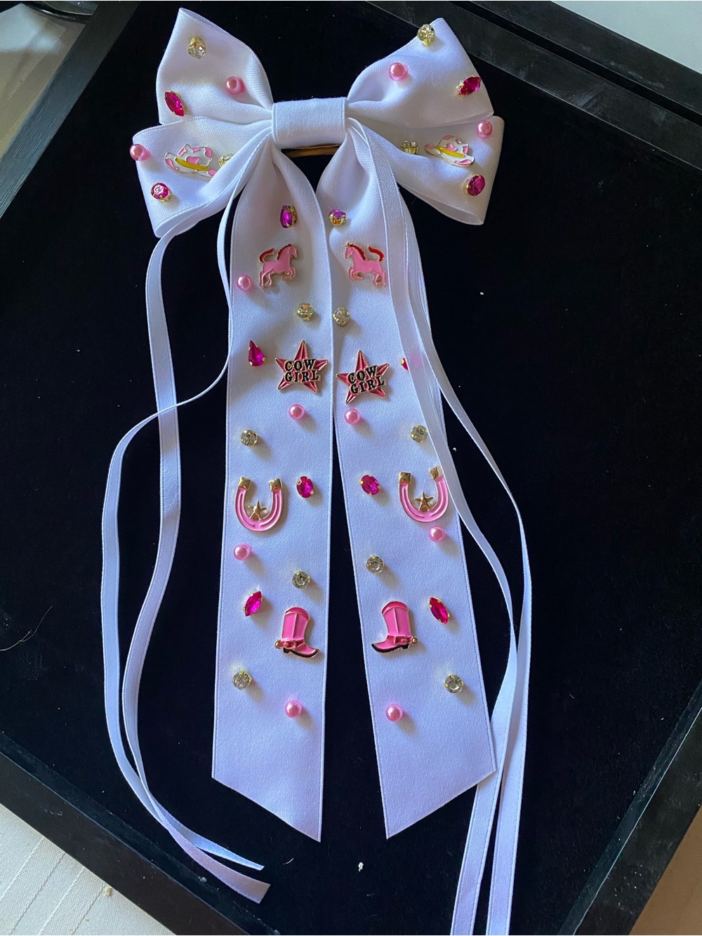 White Girls' Bow Hair Clip with Pink Western Charms